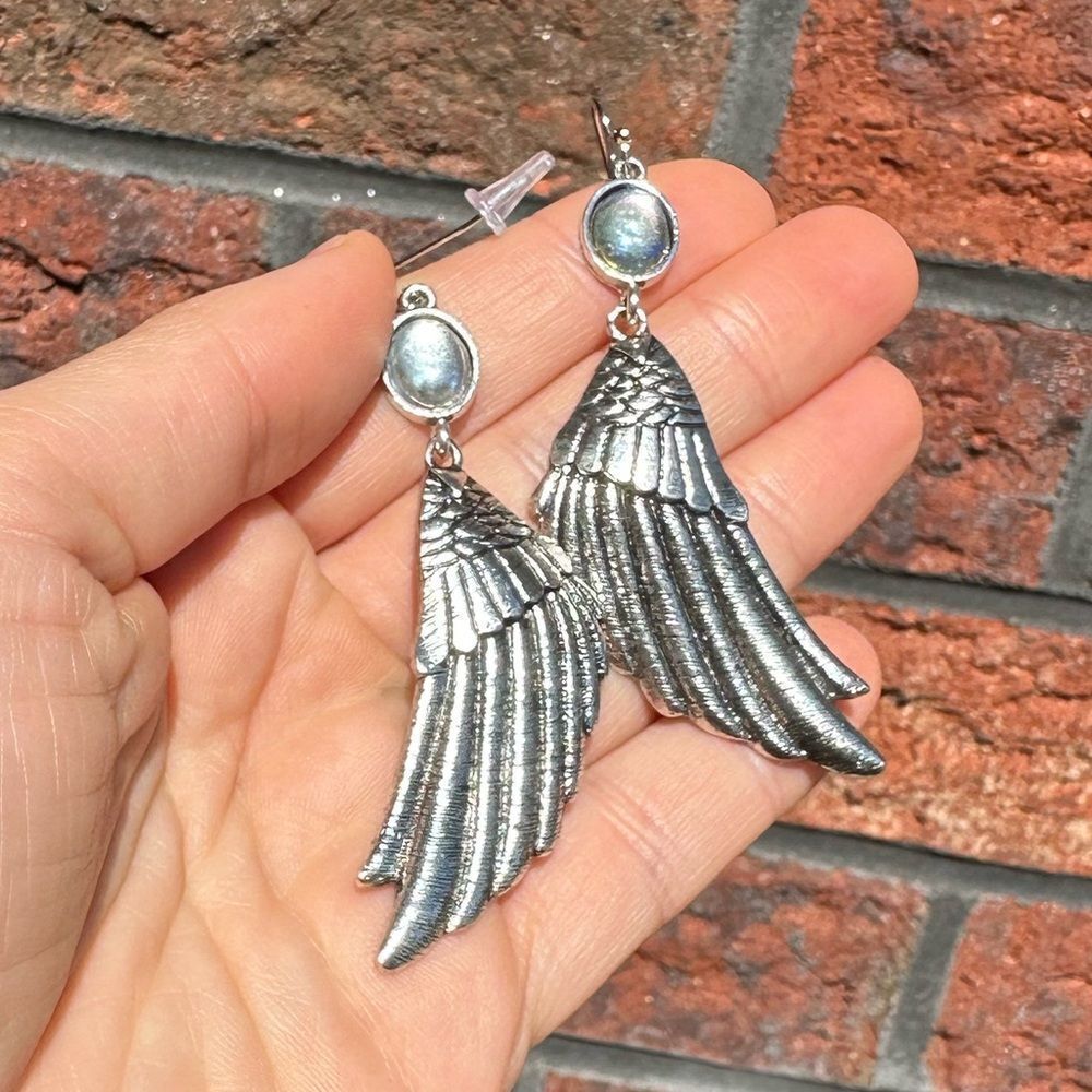 Silver Wing Earrings with Blue Accents - Picture 6 of 7